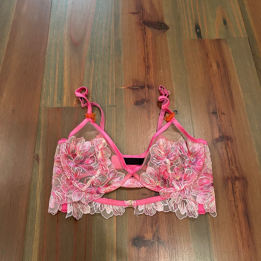 For Love & Lemons Hibiscus Embroided Underwire Bra Pink Floral 34C - Picture 3 of 5